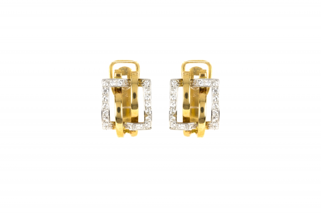 Brincos de ouro branco e amarelo com  zircónias